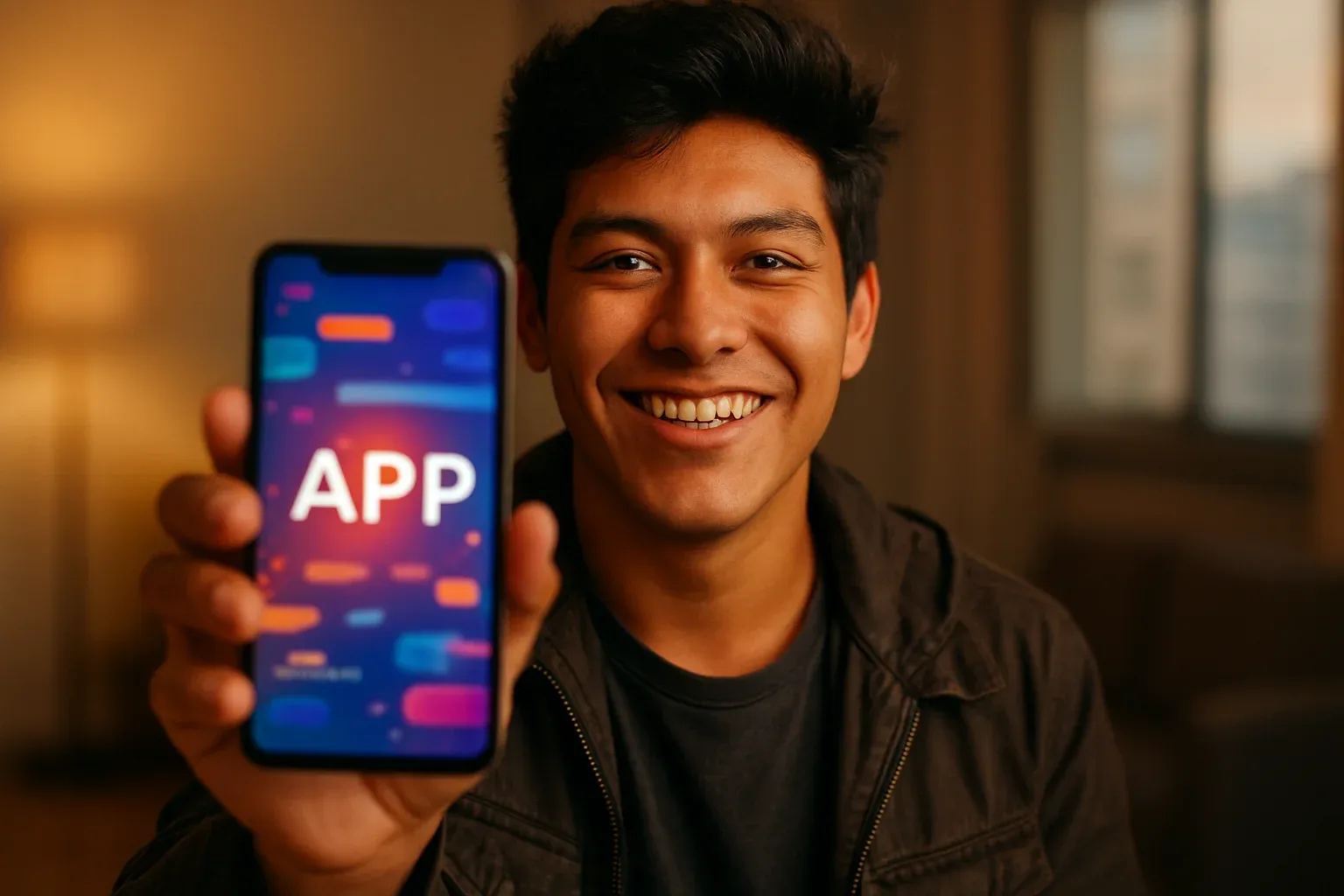 Joven boliviano sonriente mostrando smartphone con app colorida frente a cámara