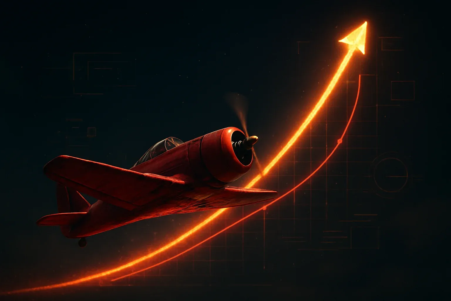 Avión aviador rojo subiendo con curva brillante en cielo nocturno