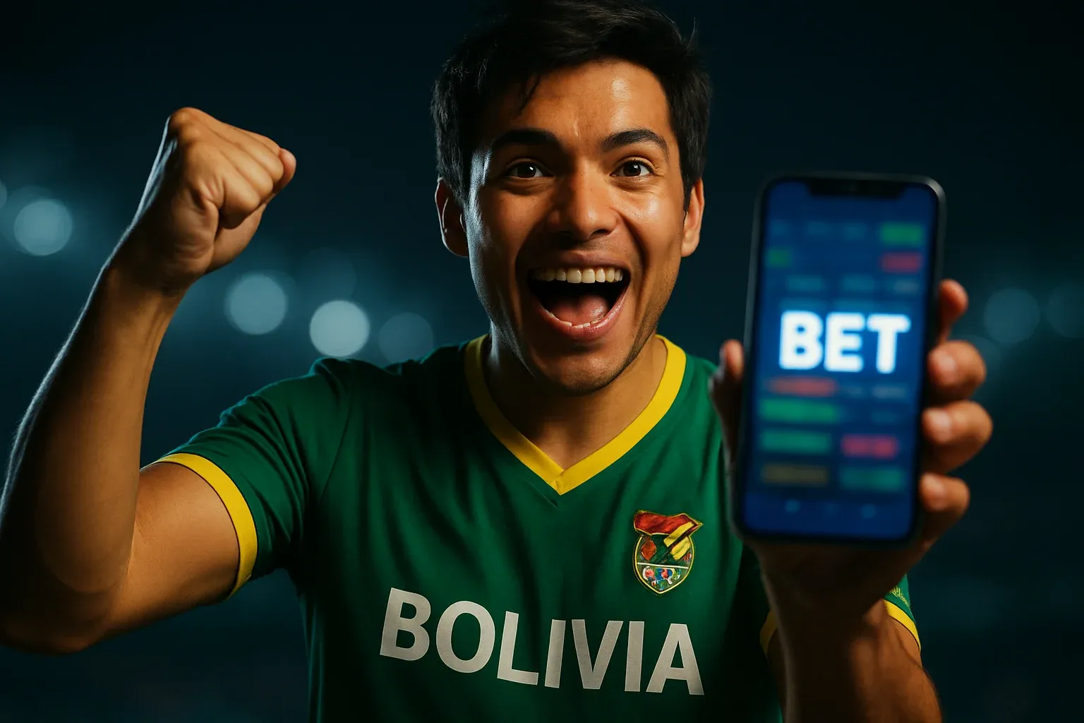 Joven boliviano celebra mostrando celular con interfaz de apuesta deportiva