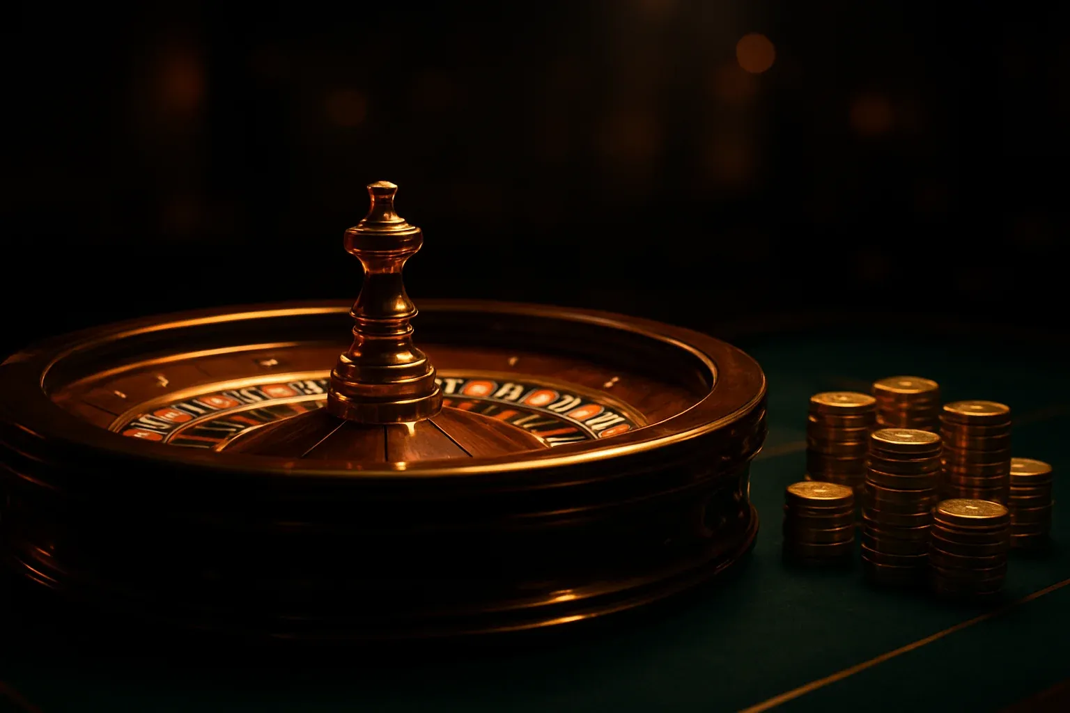Mesa de ruleta en casino en vivo con fichas doradas