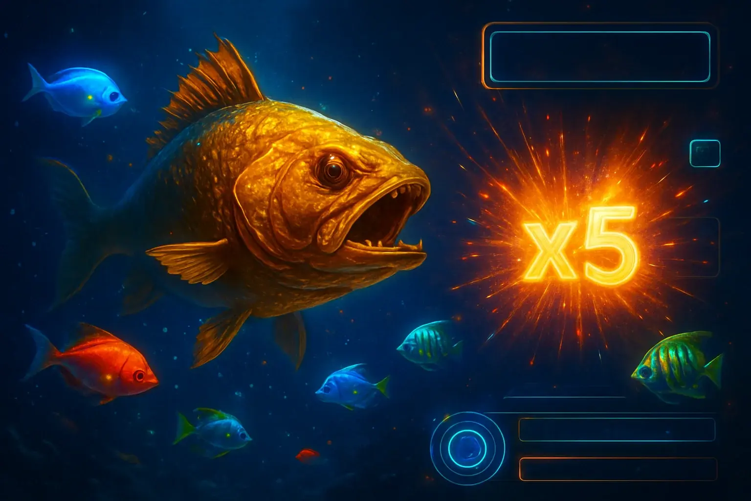 Escena submarina de juego arcade con pez dorado y peces tropicales brillantes