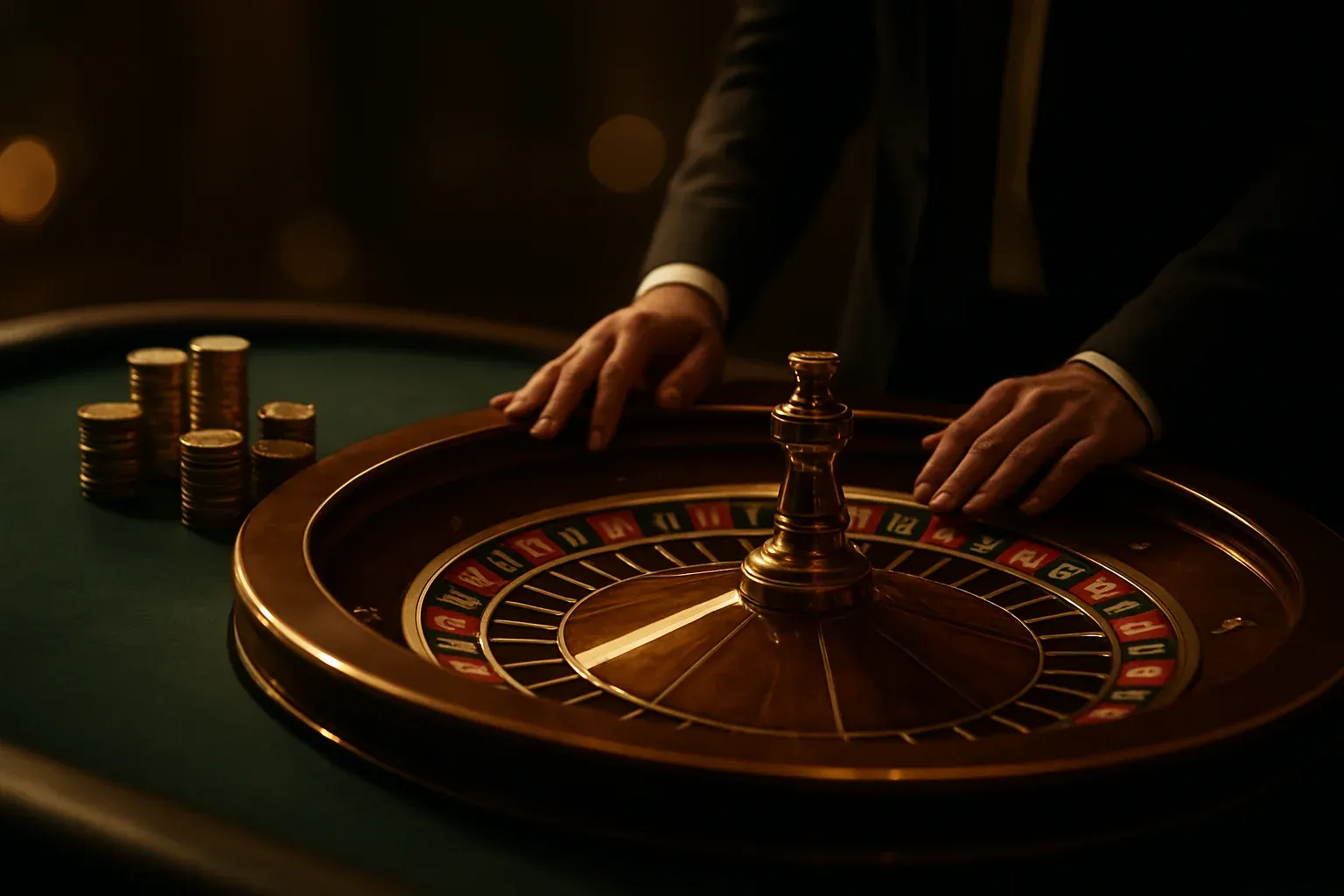 Mesa de ruleta en casino en vivo con fichas doradas