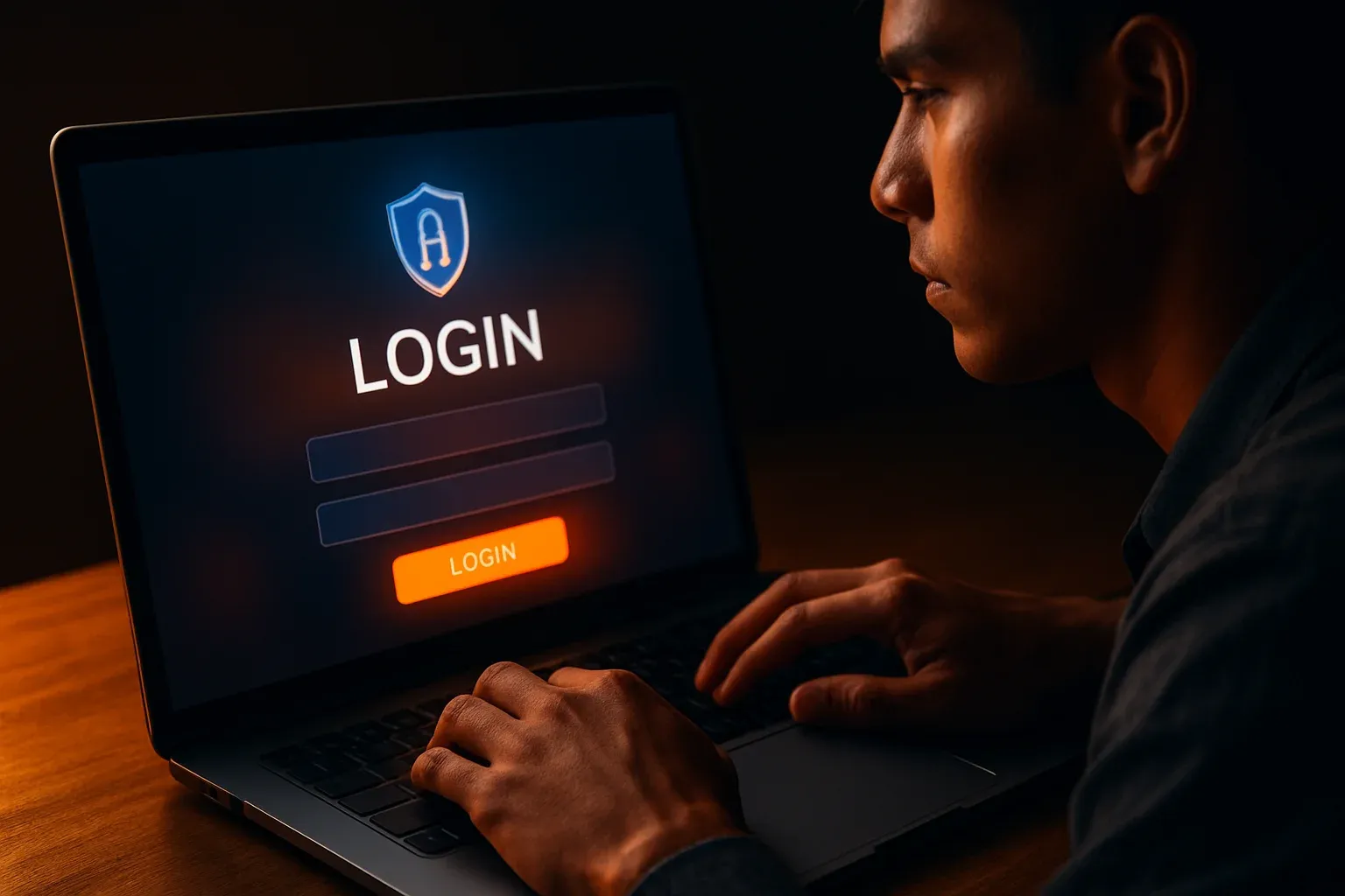 Manos de joven boliviano en laptop con pantalla de login