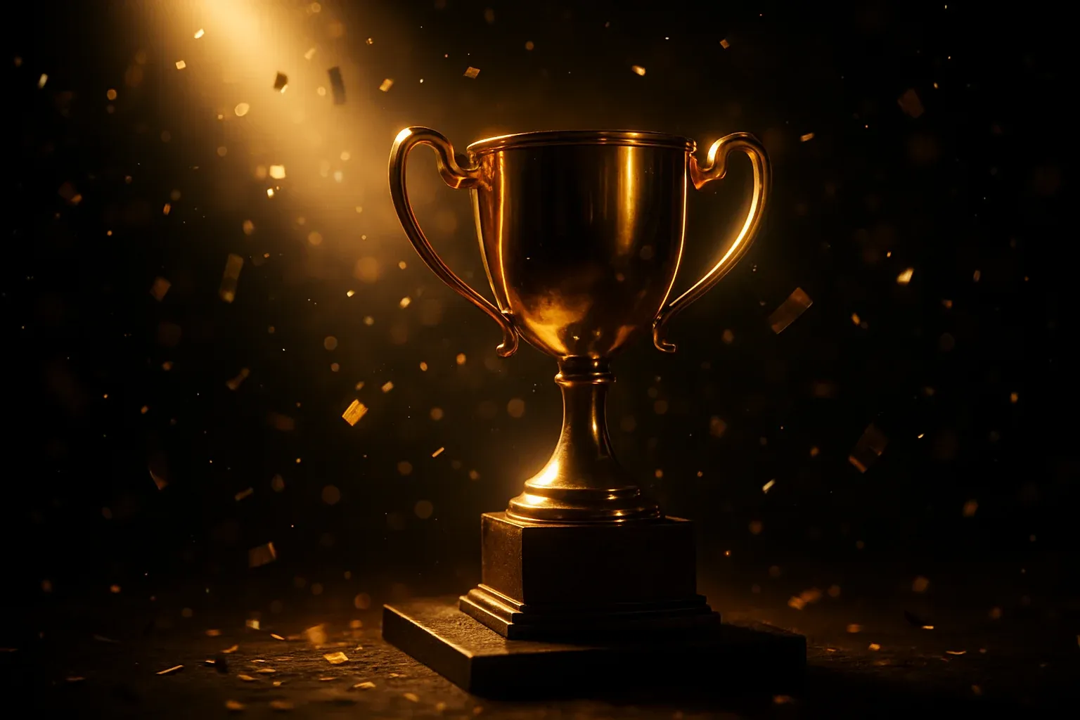 Trofeo dorado brillante sobre pedestal con confeti y luces en ambiente lujoso