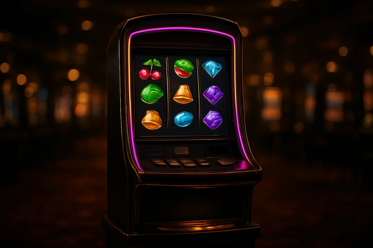 Máquina tragamonedas premium completa en casino oscuro con tres carretes verticales