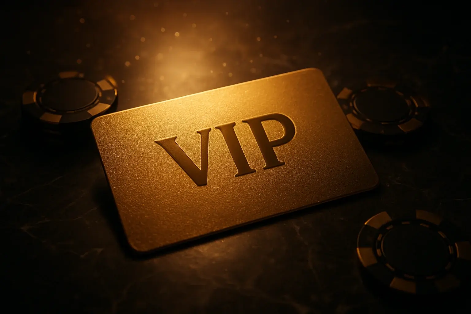 Tarjeta VIP dorada brillante sobre mármol oscuro con fichas premium